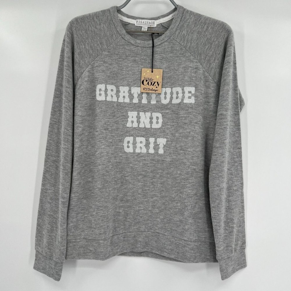 PJ Salvage Loungewear Flannel Long Sleeve Top sz XS Gray "Gratitude and Grit"